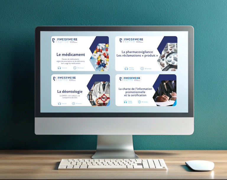 Computer screen with several windows open on the regulatory training modules of the medical sales call charter produced by Phosphore Santé.